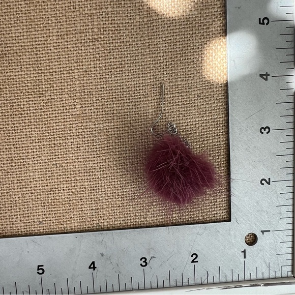Purple wine merlot fuzzy puff ball earrings dangle fur soft lightweight unique - Picture 2 of 4